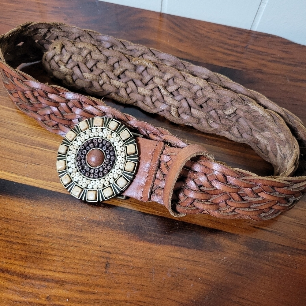 Boho Woven Leather Belt with Beaded Statement Buckle - Picture 2 of 5